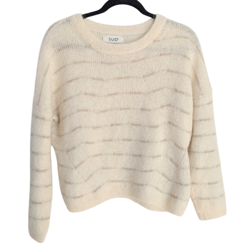 SUD EXPRESS round crew neck alpaca mohair cream beige tan striped sweater Large